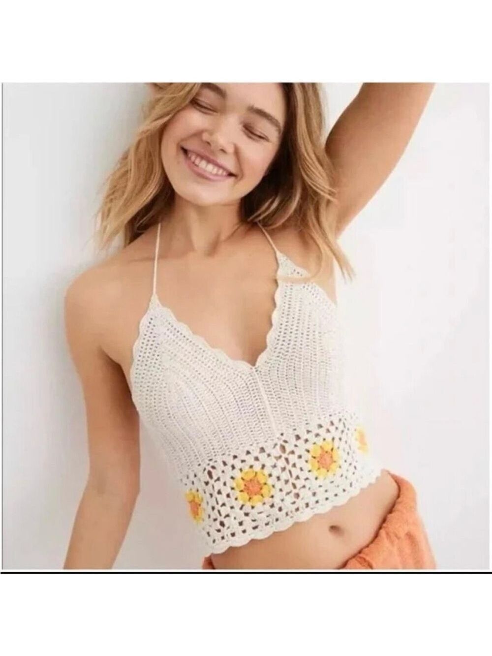 Aerie NWT Crochet Halter Top White with Yellow Flowers, Large